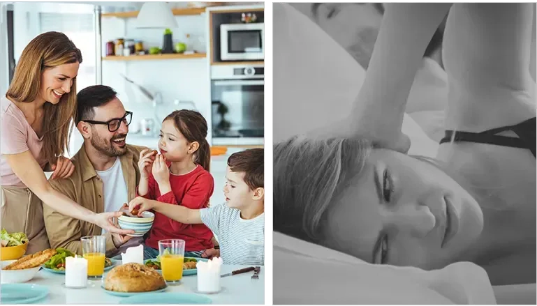family dinner, everyone smiling; woman awake in bed, frustrated