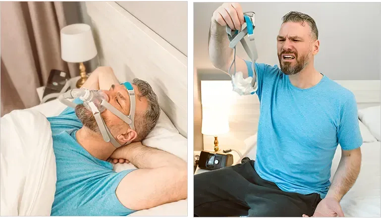 man trying to sleep with CPAP mask strapped on vs man frustrated, adjusting mask straps