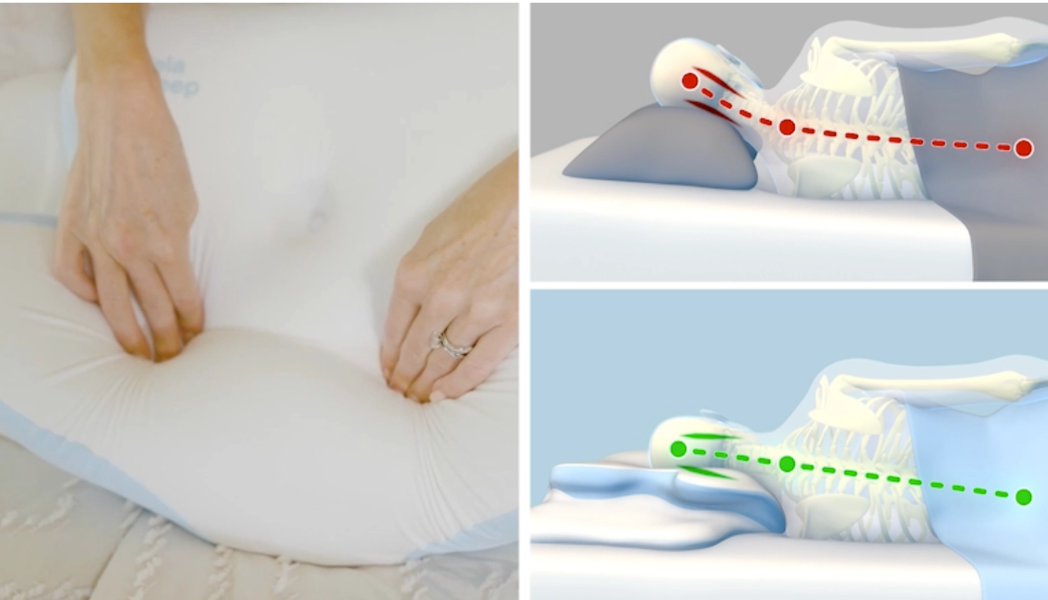 contoured pillow product shot, top view vs diagram of head/neck cervical alignment